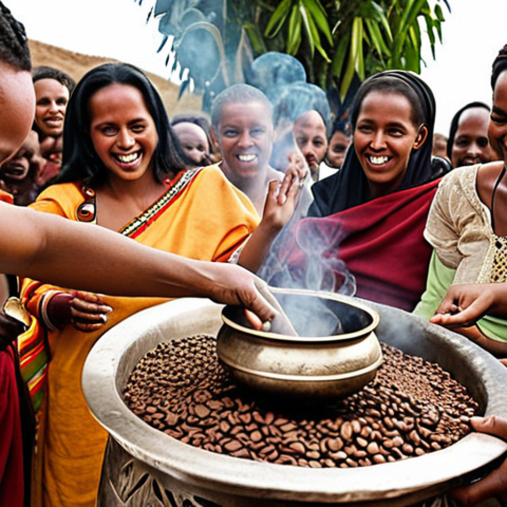**

A traditional Ethiopian coffee ceremony. Focus on the rich colors of the Jebena pot, the green coffee beans being roasted, and the smiling faces of people sharing the coffee. Include incense smoke swirling in the air. Emphasize the cultural importance and warmth of the ritual.

**
