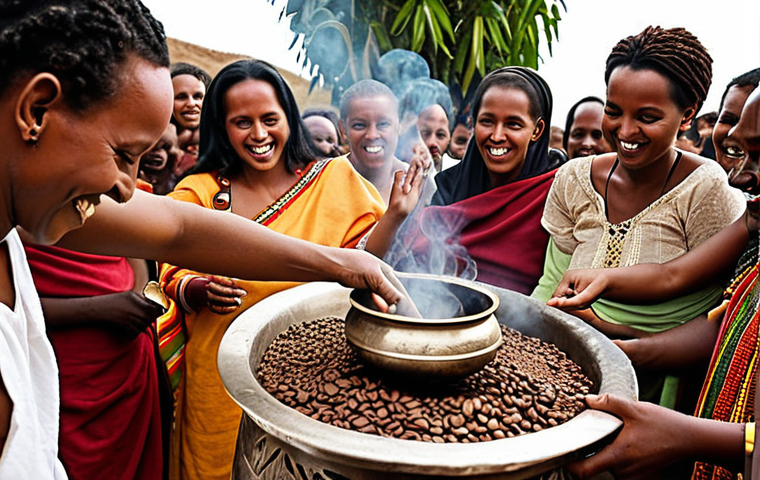 **

A traditional Ethiopian coffee ceremony. Focus on the rich colors of the Jebena pot, the green coffee beans being roasted, and the smiling faces of people sharing the coffee. Include incense smoke swirling in the air. Emphasize the cultural importance and warmth of the ritual.

**